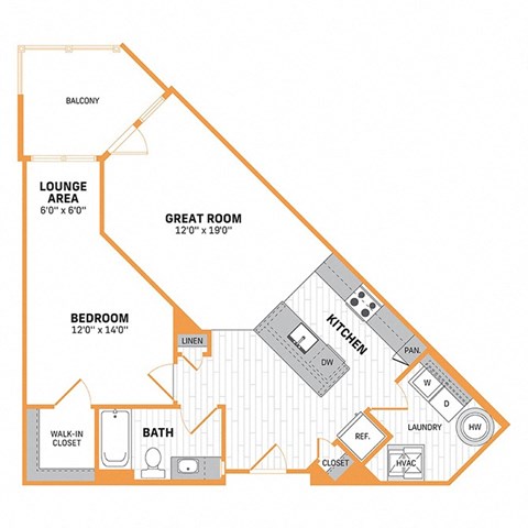 Floor plan for 1 bed, 1 bath, 851 sqft